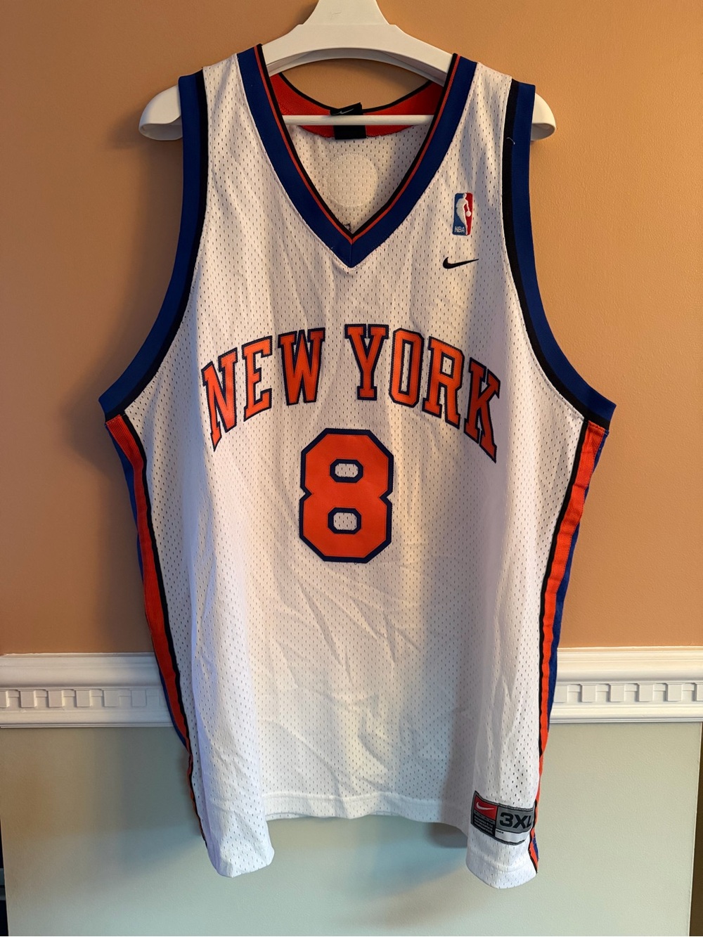 Nike White New York Knicks #8 Basketball Jersey with Orange & Blue Trim
